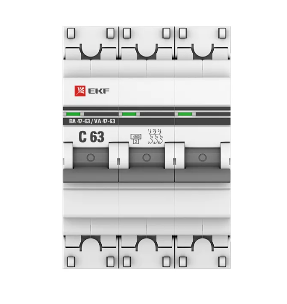 Выключатель автоматический трехполюсный 63А С ВА47-63 4.5кА PROxima