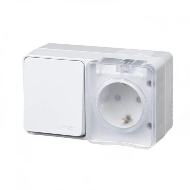 Блок ОП AtlasDesign Profi54 (розетка 16А 250В с заземл. защ. шторки + 1-кл. выкл. 10А) IP54 бел. SE