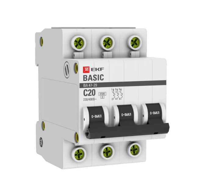 Выключатель автоматический трехполюсный 20А С ВА47-29 4.5кА (mcb4729-3-20C)