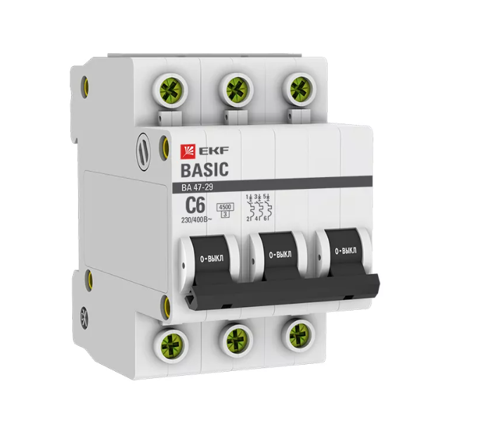 Выключатель автоматический трехполюсный 6А С ВА47-29 4.5кА (mcb4729-3-06C)
