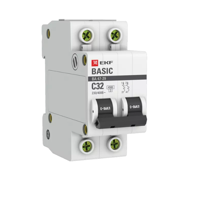 Выключатель автоматический двухполюсный 32А С ВА47-29 4.5кА