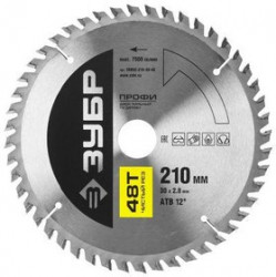 Круг пильный твердосплавный ЗУБР 36852-210-30-48 ПРОФИ чистый рез по дереву 48T 210х30мм