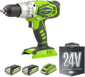Дрель-шуруповерт GREENWORKS 3801107UC 24В ударная (в компл. 2 аккум 24В 2 А/ч + ЗУ)