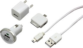 18-1197, Комплект СЗУ, АЗУ, кабель miniUSB-USB, переходник microUSB 30 pin белый
