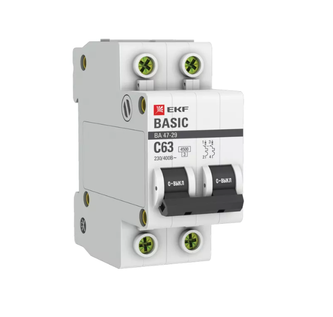 Выключатель автоматический двухполюсный 63А С ВА47-29 4.5кА