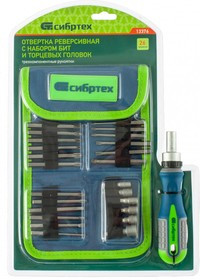 13376, Отвертка реверсивная с набором бит и торцевых головок, 25 предметов., CrV, чехол