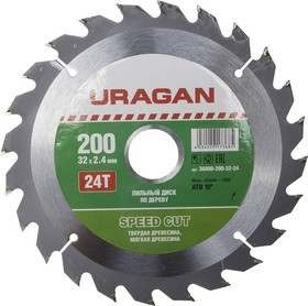 Круг пильный твердосплавный URAGAN 36800-200-32-24 быстрый рез по дереву 200х32мм 24т
