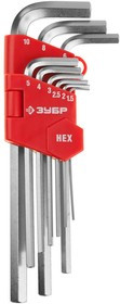 27460-2_z02, Набор ЗУБР Ключи "МАСТЕР" имбусовые длинные, Cr-V, сатинированное покрытие, пластик. держатель, HEX