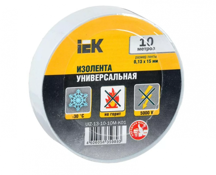 Изолента ПВХ 0.13х15мм (рул.10м) бел. IEK UIZ-13-10-10M-K01