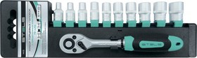 14126, Набор торцевых головок, 3/8", головки 7 - 22 мм, с трещот. ключом, CrV,11 предм.