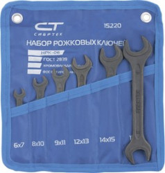 15220, Набор ключей рожковых, 6 - 19 мм, 6 шт., CrV, фосфатированные, ГОСТ 2839