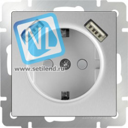 WL06-SKGS-USBx2-IP20 / Розетка с заземлением, шторками и USBх2 (серебряный)