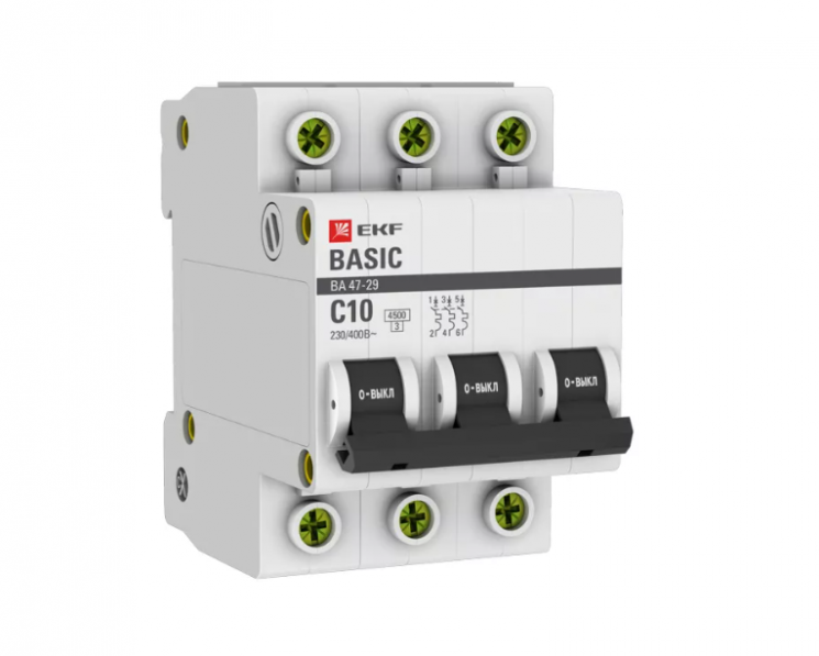 Выключатель автоматический трехполюсный 10А С ВА47-29 4.5кА