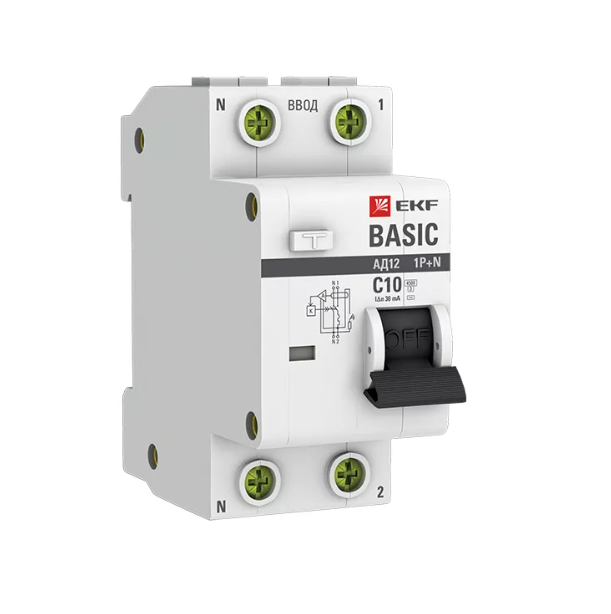 Выключатель автоматический дифференциального тока 2п (1P+N) C 10А 30мА тип AC 4.5кА АД-12 Basic EKF