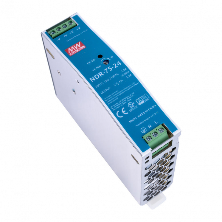 NDR-75-24 Блок питания на DIN-рейку, 24В, 3,2 А, 75Вт Mean Well