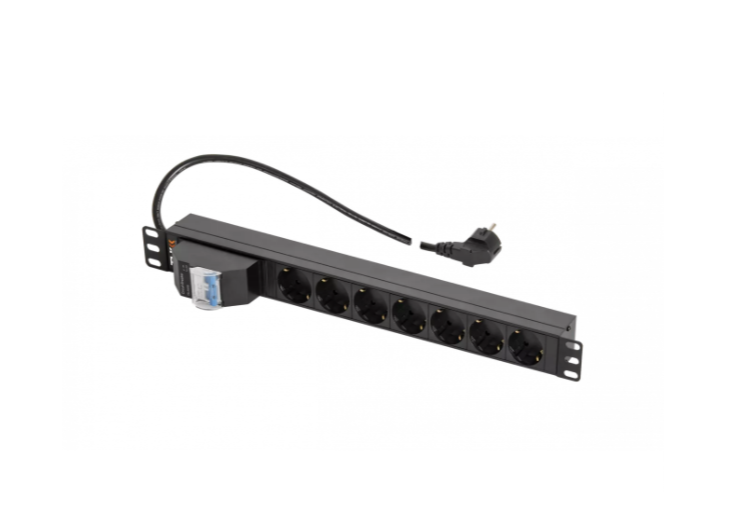 Блок электрических розеток TLK, 19", 7 гнезд "евророзетка", 16A, двухполюсный автомат 16А, шнур питания 2 метра, "евровилка", сечение 3*1,5 мм2