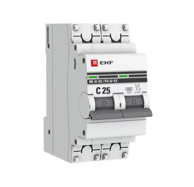 Выключатель автоматический двухполюсный 25А С ВА47-63 6кА PROxima (mcb4763-6-2-25C-pro)